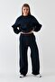 Unisex Oversize Tracksuit Set Basic Navy Blue – Crew Neck, Wide Legs, 3 Thread Fleece - 4