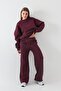 Unisex Oversize Tracksuit Set Basic Burgundy – Crew Neck, Wide Legs, 3 Thread Fleece - 3