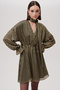 Regular Mini Gold Black Dress with Belted Waist and Long Sleeves - 5