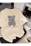 Women's Color Block Bear Pattern Crew Neck T-Shirt Oversize Loose Fit