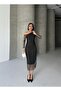 Women's Black Tulle Asymmetrical Collar Long Dress - 2