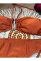 Women's Coral Lycra Stretchy Drawstring Halter Neck Strapless Stylish Quality Accessory Detail Bikini Set - 3