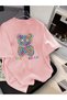 Women's Color Block Bear Pattern Crew Neck T-Shirt Oversize Loose Fit