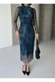 Women's High Neck Transparent Tulle Sleeves Lined Draped Midi Evening Dress Petrol Dress - 5