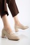 Women's Genuine Leather Buckle Stylish Heeled Shoes - Beige