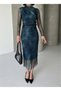 Women's High Neck Transparent Tulle Sleeves Lined Draped Midi Evening Dress Petrol Dress - 6