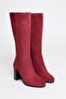 Women's Genuine Leather Heeled Suede Boots - Burgundy Suede - 4