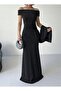 Off Shoulder Draped Glitter Black Evening Dress - 2