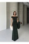 Off Shoulder Draped Glitter Emerald Evening Dress - 3