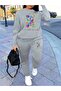 Women's Crew Neck Lover Bear Printed Top and Bottom Black Tracksuit Set Oversize Boyfriend