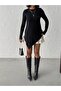 Women's Black Asymmetrical Hem Crew Neck Viscose Elastane Tunic Blouse - 5