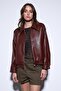 Burgundy Faux Leather Bomber Jacket - 2