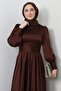 Pleated Waist Satin Evening Dress Bitter Brown - 5