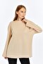 Clasy Beige Lacost Fabric Long Sleeve Crew Neck Basic Oversize T-Shirt - 3