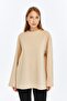 Clasy Beige Lacost Fabric Long Sleeve Crew Neck Basic Oversize T-Shirt