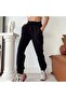 Women's Black Three-Thread Ribbed Sweatpants with Elastic Waist and Cuffs - 7