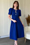 Balloon Sleeve Ribbon Accessory Detachable Midi Cobalt Blue Dress - 3