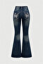 Navy Blue Butterfly Pocket Detailed Spanish Leg Y2K Pants