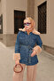 Women's Collar Fur Detail Denim Jacket Dark Blue
