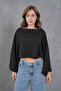 Wide Neckline Bat Sleeve Detail Black Crop Blouse 13988 - 5
