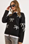 Women's Black Bow Detailed Soft Textured Thick Knit Sweater Kzk-19001010