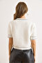 Women's White Stripe Detailed Soft Textured Crop Beard Cardigan Hrk-19000418 - 3