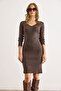 Women's Brown V-Neck Ribbed Basic Stretchy Mini Dress Elb-19002544 - 3