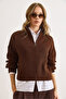 Women's Brown Stand Collar Zippered Basic Knitwear Sweater Kzk-19001014 - 6