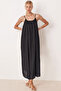 Women's Black Gathered Neckline Drawstring Strap Lined Long Dress Arm-25Y001103 - 2