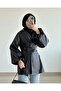 Balloon Sleeve Belted Leather Jacket -Black - 2