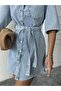 WOMEN'S STONE WASH SHORT BUTTONED BELTED SINGLE-POCKET DENIM DRESS - 3