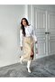 Women's Beige Skirt with Cut-Out Front Slit Linen Skirt - 3