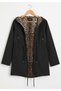 Women's Double-Sided Two-Thread Leopard Pattern Black Hooded Zippered Lace-Up Pocket Jacket - 4