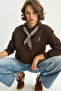 Women's Bitter Brown Scarf Detailed Ceylan Embroidered Three Thread Shardonlu Oversize Sweatshirt 6916 60283615 - 4