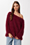Open Shoulder Bearded Soft Textured Knitwear Sweater Lmt0044 Bordo - 2