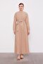 Beige Waist-Tie Pleated Detail Cupra Dress