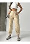 Women's Flare Leg Elastic Beige Cargo Pocket Linen Mom Pants - 2