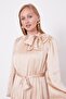 Beige Belt Detailed Satin Crinkle Dress - 4