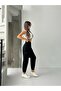 Women's Black Cargo Pocket Linen Mom Pants with Elastic Waist - 2