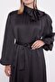 Black Belt Detailed Satin Crinkle Dress - 5