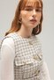 Beige Women's Gold Button Detailed Pocketed Woven Tweed Vest - Belted - 2