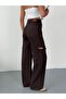 Women's brown baggy jeans, high-waist denim pants, laser detailing on the sides
