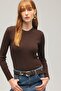 Brown Women's Long Sleeve Crew Neck Ribbed Knit Blouse - 4