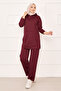 Kangaroo Pocket and Hood Detailed Two-Piece Suit Burgundy - 4