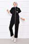 Stone Embroidered Zippered Vest Suit Black