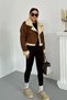 Women's Suede Coat Short Fur Lined Double Breasted Zipper Pocket Jacket - 5