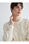 Ecru Crew Neck Stoned Women's Knitwear Sweater