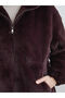 Burgundy Stand Collar Women's Plush Coat - 3