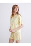 Two Mt Shop Quality Lcw Young Yellow Combed Cotton Printed Short Sleeve Women's Shorts Pajama Set