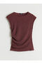 Burgundy Crew Neck Textured Gathered Blouse - 5